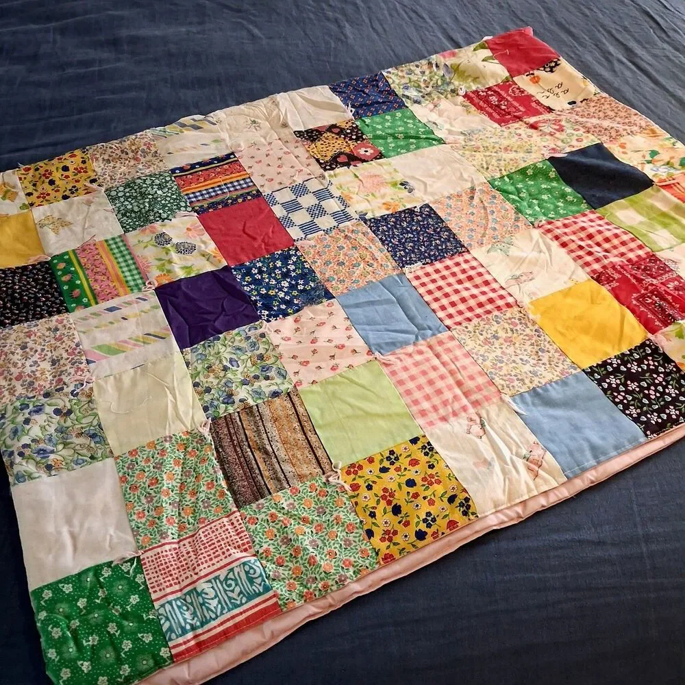 Vintage Patchwork Quilt 1960s Handmade 54x35 Mid Century Patterns Multi-Color